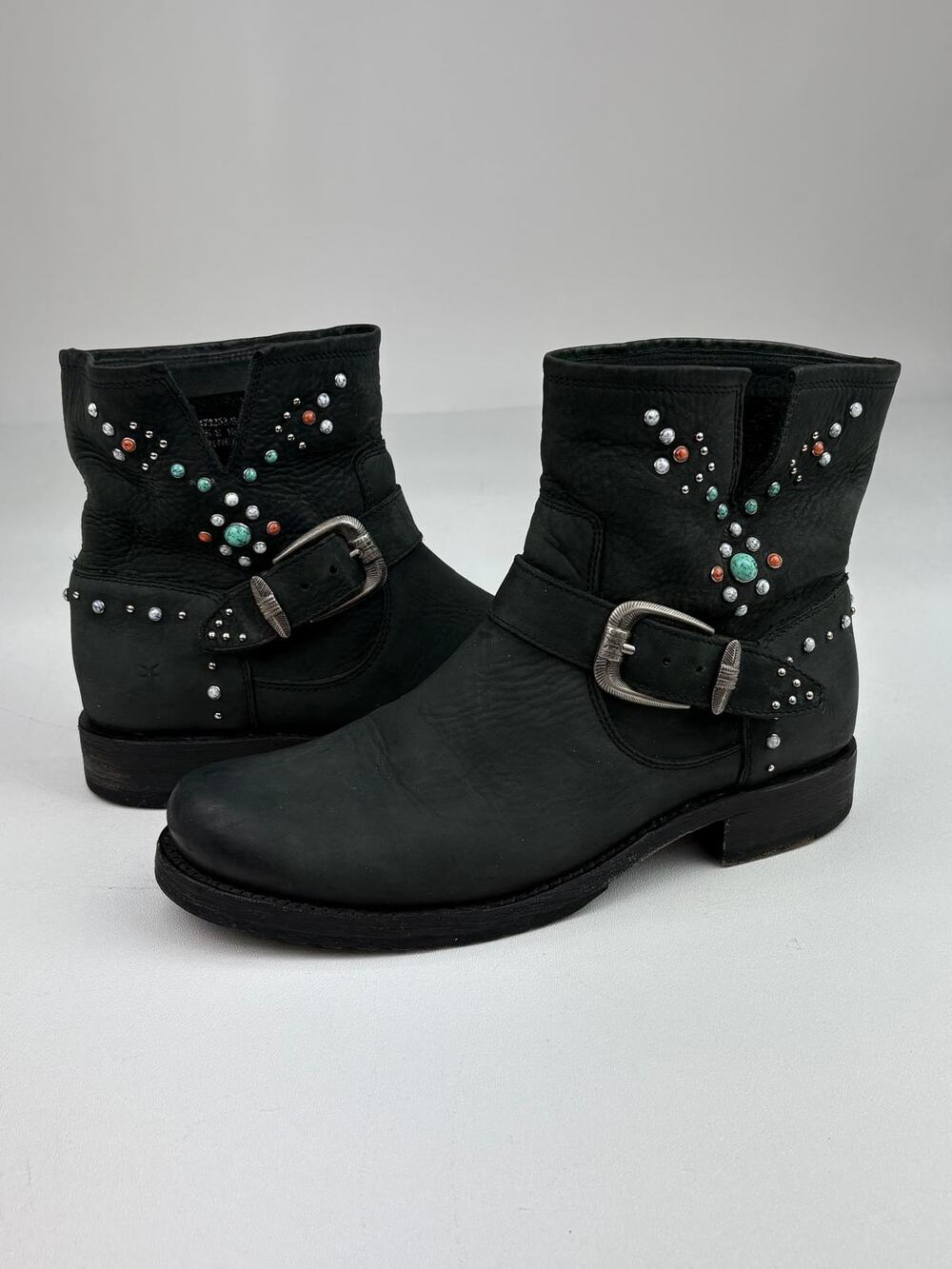 Frye Veronica Studded Stone Moto Motorcycle Strap Boots Womens 8B Black